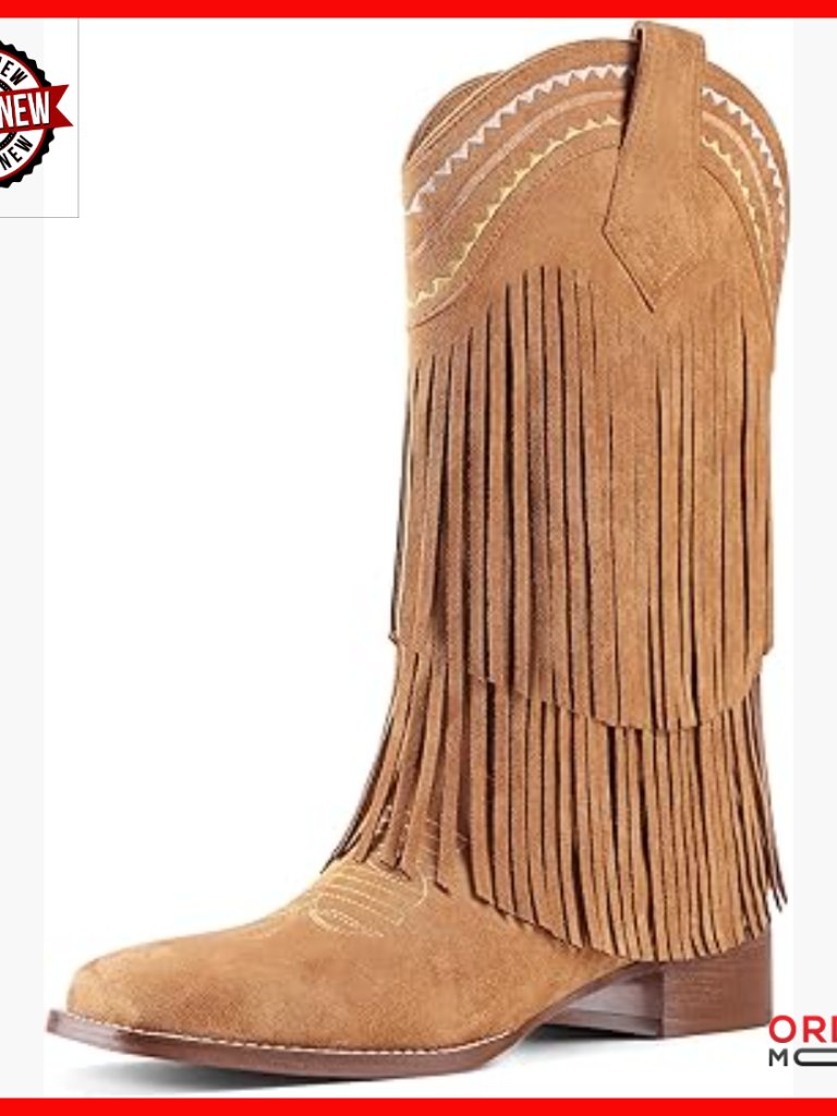 Fringe Mid Calf Cowboy Boots Low Block Heel Square Toe Pull On